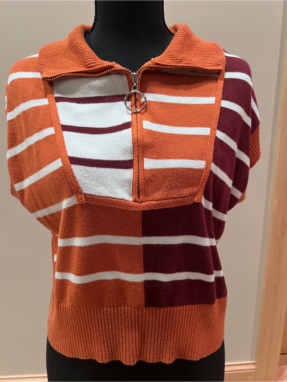 Womens Summer Sweater Short Sleeve Zip-Up Color Block Knit Striped Cropped Top M